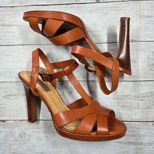 Via Spiga Sandals Womens 8M Cognac Leather T-Strap Platform Made in Italy Heels
